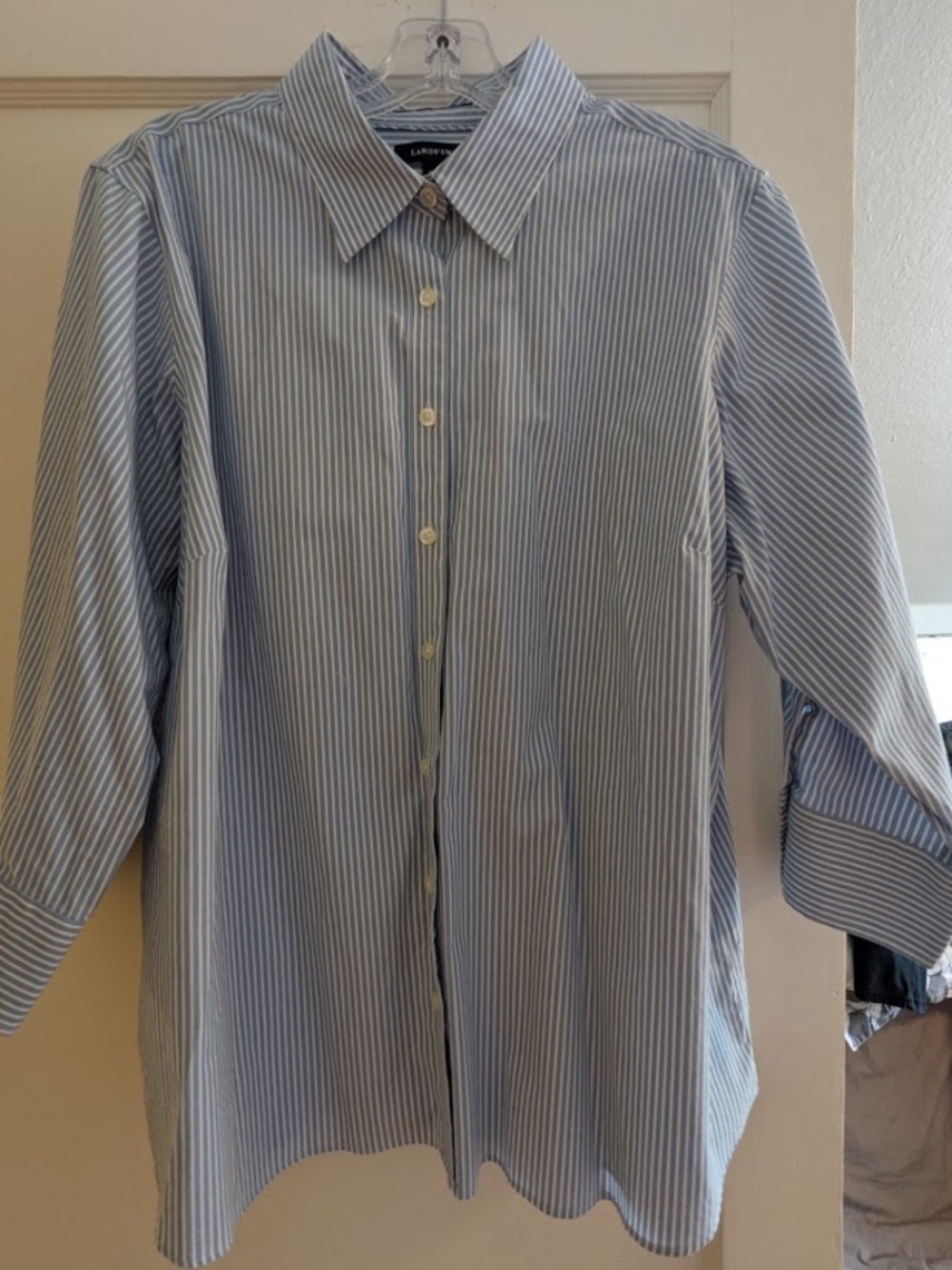 Land's End Blue & White Striped Three-quarter Sleeve Blouse, Women's 18w